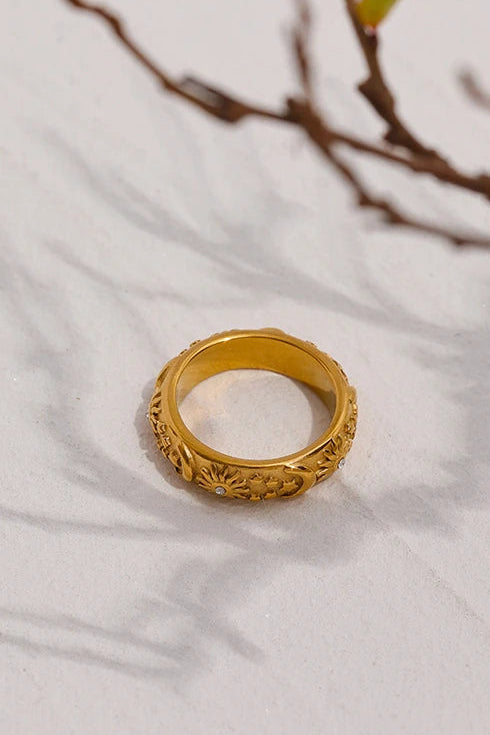 Anel Abelina Celestial Sol Estrela Lua Banhado Ouro