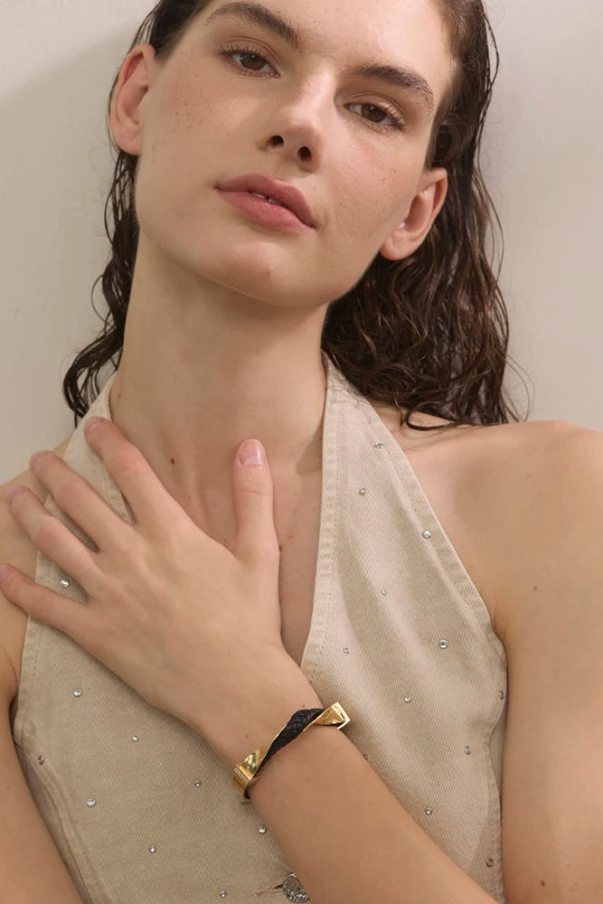 Pulseira Cuff Trançada Couro & Aço