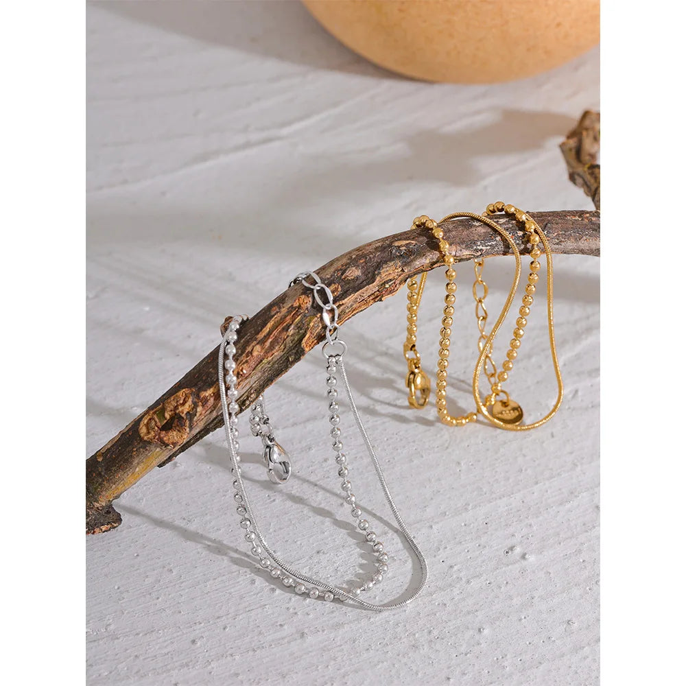 Pulsera Doble Cadena Ajustable con Bolitas Bañada
