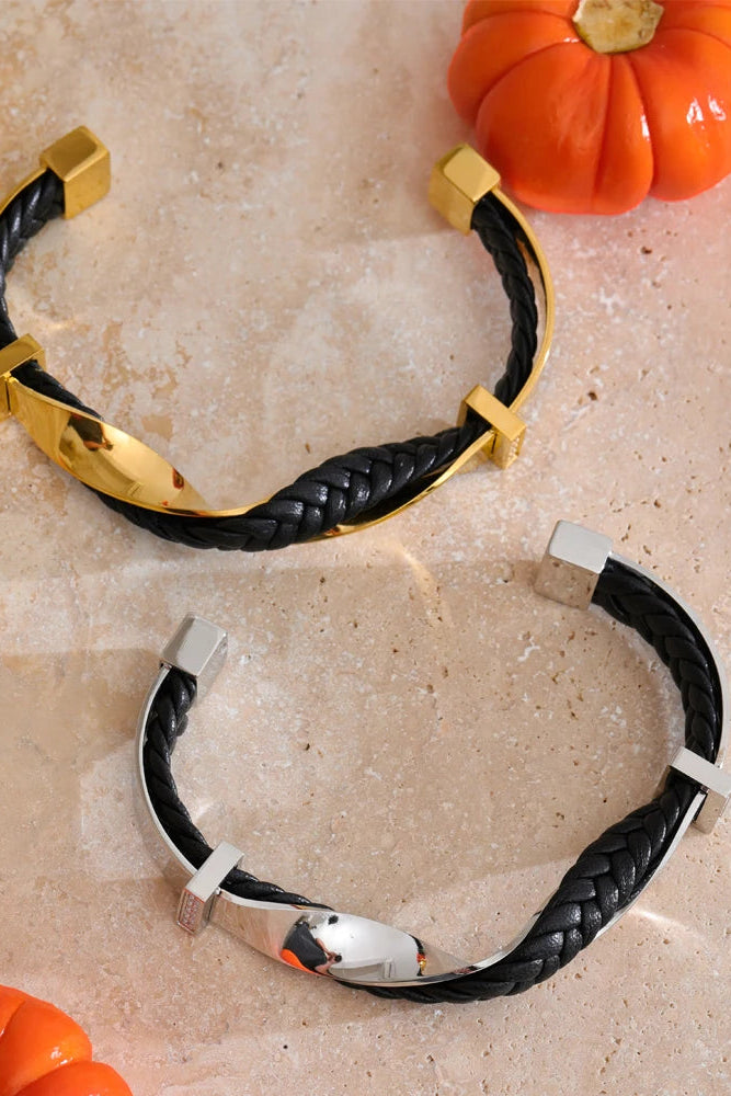 Pulseira Cuff Trançada Couro & Aço