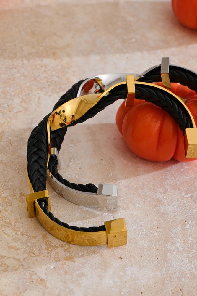 Pulseira Cuff Trançada Couro & Aço