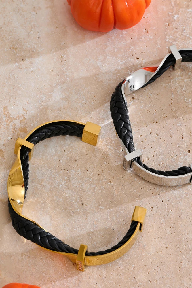 Pulseira Cuff Trançada Couro & Aço