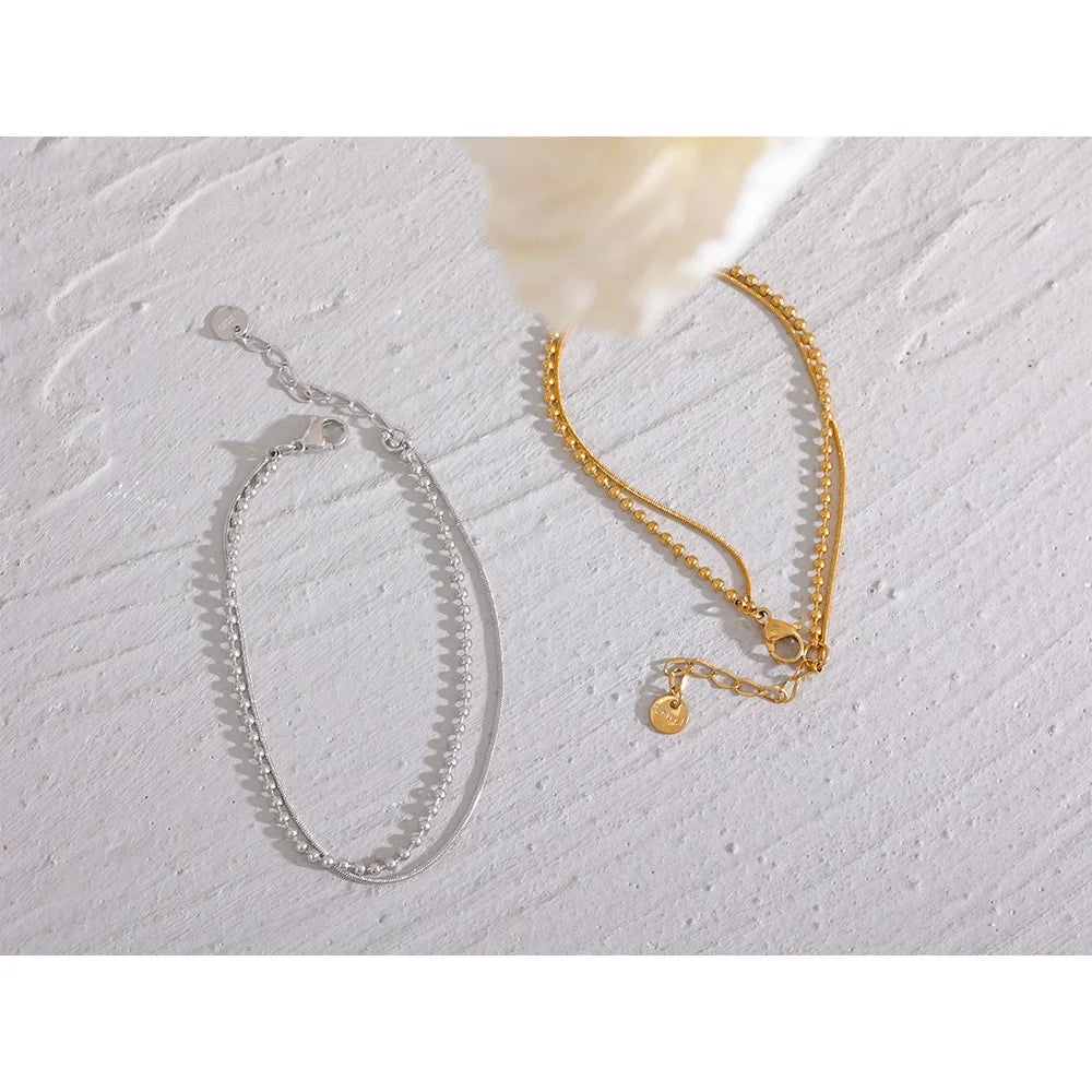 Pulsera Doble Cadena Ajustable con Bolitas Bañada